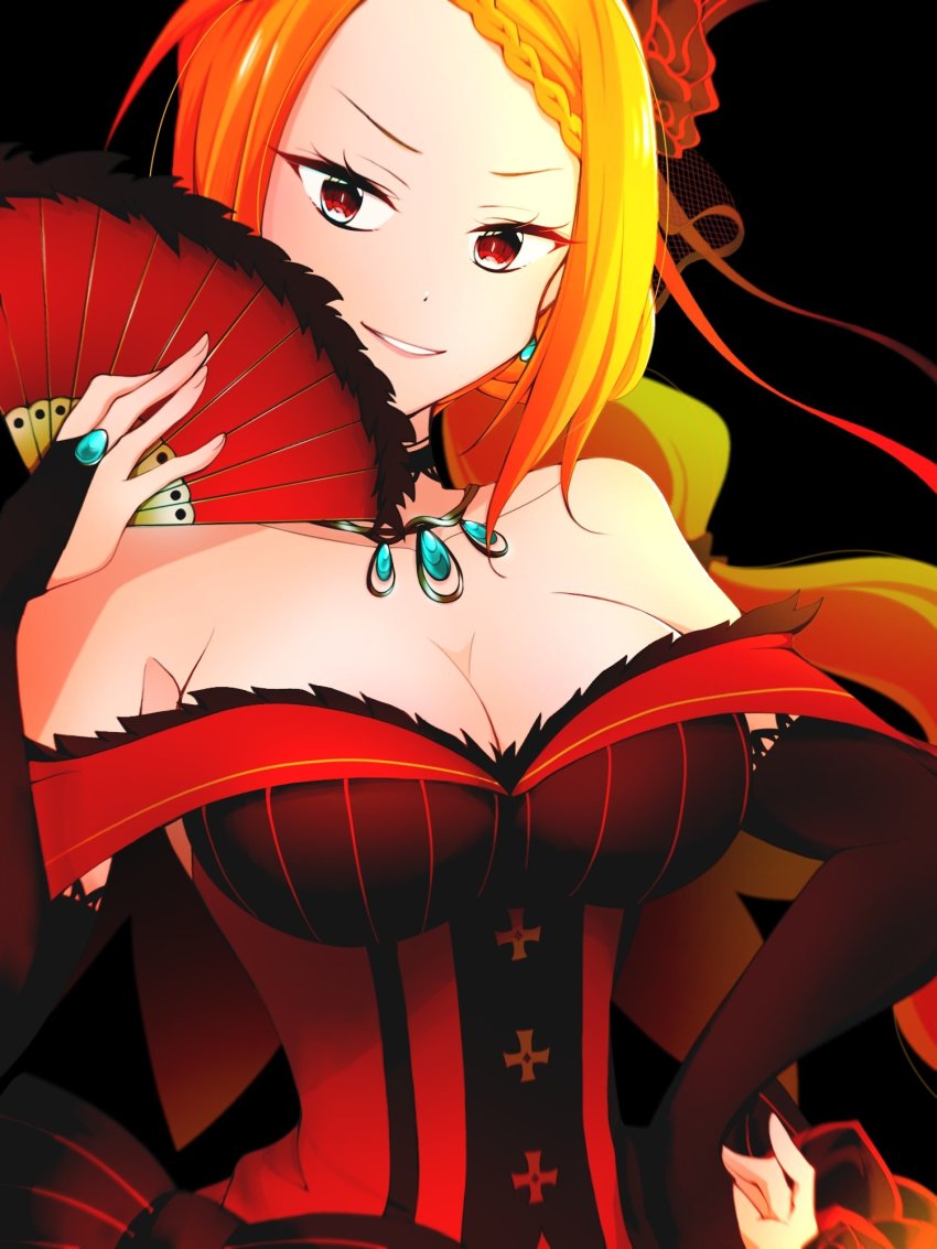 1girl bare_shoulders blonde_hair breasts bridal_gauntlets cleavage collarbone dress earrings fan flower hair_flower hair_ornament highres jewelry large_breasts long_hair looking_at_viewer priscilla_barielle re:zero_kara_hajimeru_isekai_seikatsu red_dress red_eyes smile solo