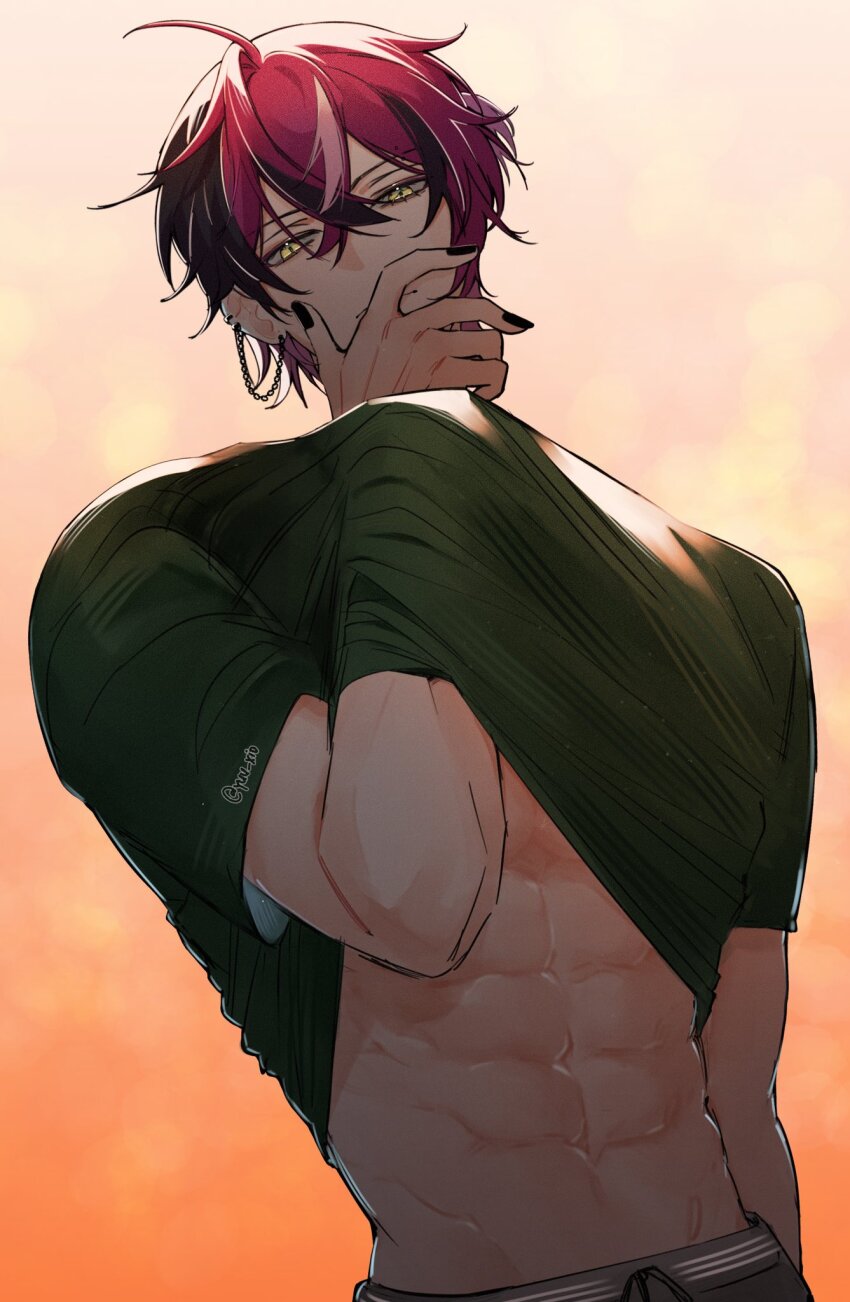1boy abs black_hair black_nails black_shirt closed_mouth clothes_lift commentary cowboy_shot doppio_dropscythe dutch_angle ear_chain earrings english_commentary groin guilty_challenge_(meme) hand_on_own_face highres jewelry looking_down male_focus meme multicolored_hair nail_polish nijisanji nijisanji_en piercing purple_hair shirt shirt_lift solo streaked_hair toned toned_male white_hair yellow_eyes yuu_xio