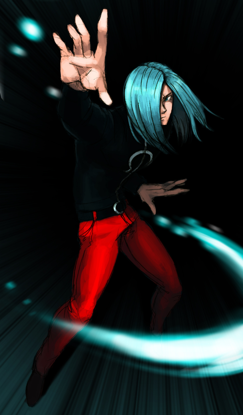1boy absurdres aqua_eyes aqua_hair capcom food_fighter_441 hair_over_one_eye highres long_hair male_focus omega_symbol pants red_pants remy_(street_fighter) solo street_fighter street_fighter_iii_(series)