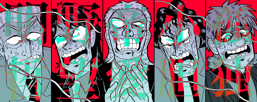 5boys asymmetrical_legwear bags_under_eyes big_nose blazer clapping collared_shirt column_lineup commentary_request crew_cut crying crying_with_eyes_open defeat fingernails flipped_hair formal_clothes fukumoto_nobuyuki_(style) greyscale_with_colored_background grin highres hyoudou_kazutaka hyoudou_kazuya ichijou_seiya jacket japanese_clothes kaiji kimono long_hair looking_at_viewer looking_down male_focus multiple_boys muraoka_takashi necktie nervous_sweating official_style old old_man open_mouth parody red_background satou_(ultrmngrtsrt) scarf shirt short_hair smile style_parody suit sunglasses surprised sweat tears teeth tonegawa_yukio translation_request uneven_legwear upper_body wavy_hair