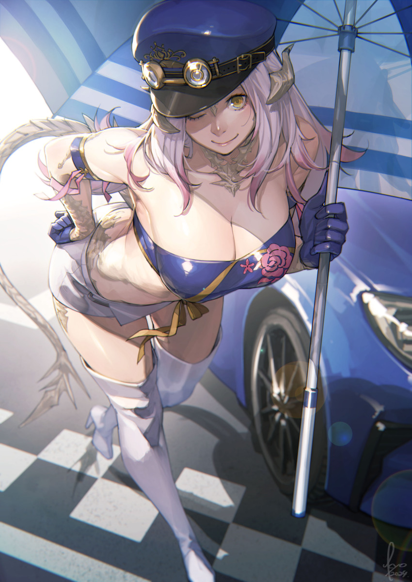 absurdres au_ra boots breasts car character_request checkered_floor cleavage final_fantasy final_fantasy_xiv gloves hand_on_own_hip hat highres holding holding_umbrella horns kyo_(kuroichigo) long_hair midriff motor_vehicle pink_hair race_queen smile strapless tail thigh_boots tube_top umbrella