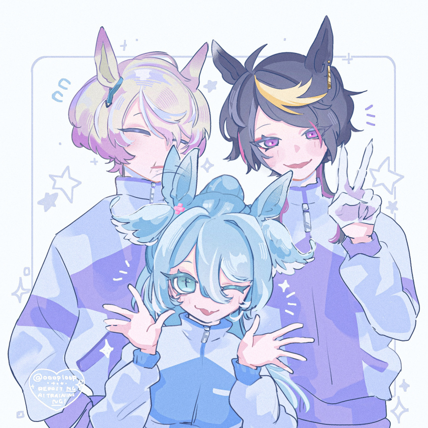 1girl 2boys alternate_costume animal_ears black_hair blue_hair bow claude_clawmark ear_ornament ear_ribbon elira_pendora gloves highres horse_ears horse_girl horse_tail jacket kemonomimi_mode multiple_boys nijisanji nijisanji_en oooploop open_hands shu_yamino simple_background smile tail track_jacket track_suit v virtual_youtuber white_background white_hair