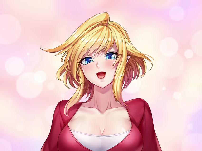 1girl action_taimanin blonde_hair breasts cleavage game_cg large_breasts lilith-soft looking_at_viewer open_mouth pink_background pointy_ears shinganji_kurenai shiny_skin smile solo taimanin_(series) taimanin_kurenai zol