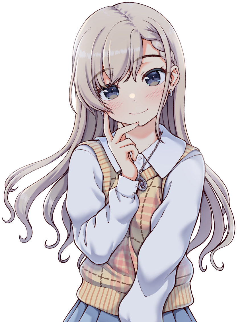 1girl absurdres animal_ears blush braid braided_bangs buttoned_cuffs buttons cardigan_vest grey_eyes grey_hair highres hisakawa_hayate idolmaster idolmaster_cinderella_girls jewelry kaishinshi long_hair looking_at_viewer necklace plaid_clothes plaid_sweater_vest shirt simple_background skirt smile solo sweater_vest upper_body white_background