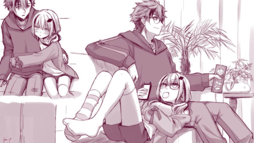 asumi_sena blush bob_cut cellphone clinging glasses hair_ornament hairclip highres holostars hood hoodie lap_pillow mismatched_socks monochrome multicolored_hair phone pringles pringles_can ribbon sketch smartphone smartphone_case two-tone_hair vspo! yukoku_roberu yuuki_eishi