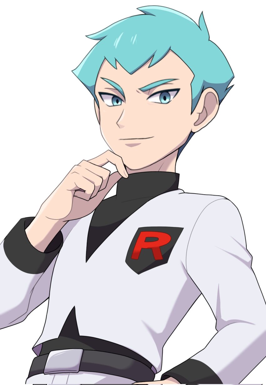 1boy archer_(pokemon) belt belt_buckle black_shirt buckle closed_mouth green_eyes green_hair hand_up highres jacket logo looking_down male_focus nakikot_t nintendo pants pokemon pokemon_hgss shirt short_hair simple_background smile solo team_rocket team_rocket_uniform white_background white_jacket white_pants