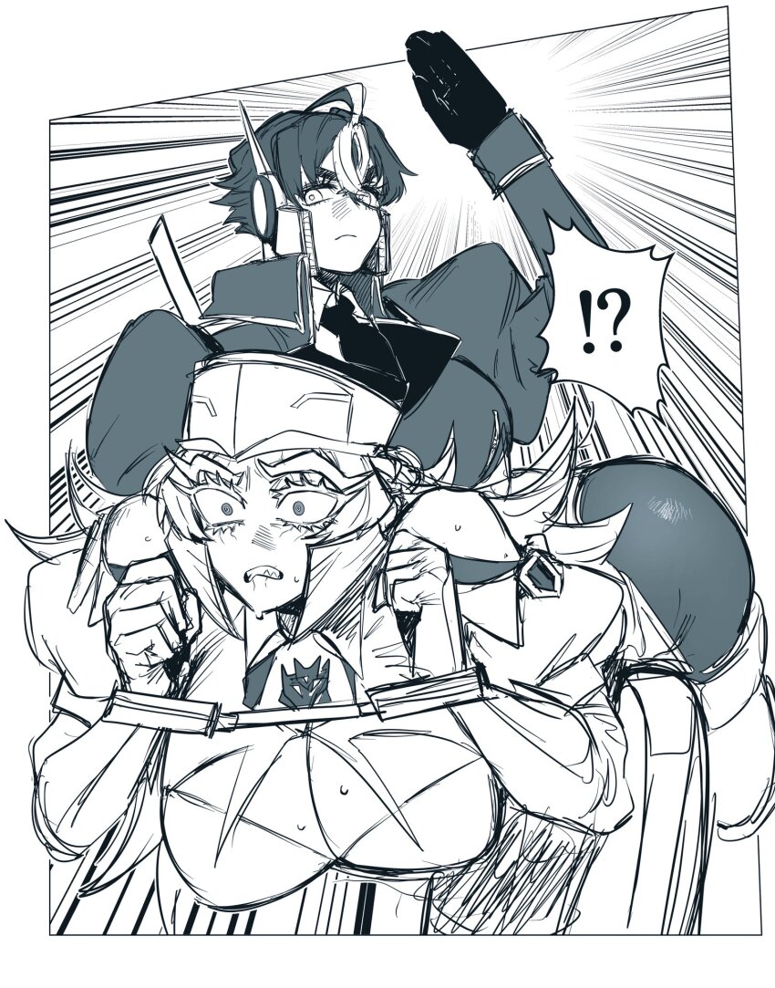 2girls ass autobot breasts decepticon genderswap genderswap_(mtf) gloves hat headgear highres holding insignia leotard long_hair looking_at_viewer megatron multiple_girls optimus_prime po112_g short_hair spanking transformers transformers_prime yuri