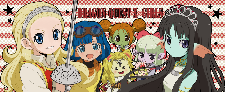 5girls anlucea aqua_skin aruue bare_shoulders black_hair blonde_hair blue_eyes blue_hair brown_eyes character_request circlet colored_skin copyright_name doll double_bun dragon_quest dragon_quest_x fuura_(dq10) goggles goggles_on_head green_skin grin hair_ornament hair_ribbon hairband halterneck highres mole mole_under_mouth monster_girl multiple_girls nico_(gumimayu) open_mouth orange_hair pointy_ears purple_eyes purple_skin rapier ribbon seeria seraphy_(dq10) smile square_enix sword weapon