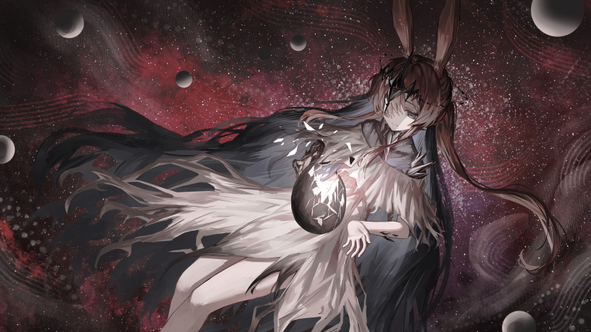 1girl absurdres amiya_(arknights) amiya_(demon_king)_(arknights) animal_ear_fluff animal_ears arknights blue_eyes brown_hair closed_mouth commentary_request cracked_egg dress eggshell feet_out_of_frame hair_over_one_eye highres long_hair material_growth oripathy_lesion_(arknights) planet puranetto_(vjun4748) rabbit_ears smile solo space star_(sky) torn_clothes torn_dress very_long_hair white_dress