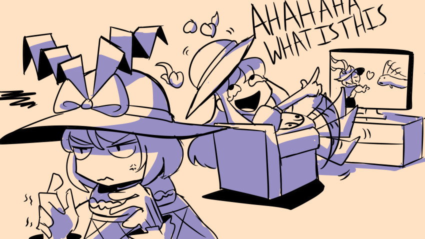 2girls anger_vein annoyed chair closed_eyes english_text fins fish flat_screen_tv food frilled_scarf fruit gloves heart highres hinanawi_tenshi laughing monochrome motion_lines multiple_girls nagae_iku nagae_iku_(heaven&#039;s_illumination) oarfish oysterfried peach pointing ribbon scarf shadow smile television touhou touhou_lostword