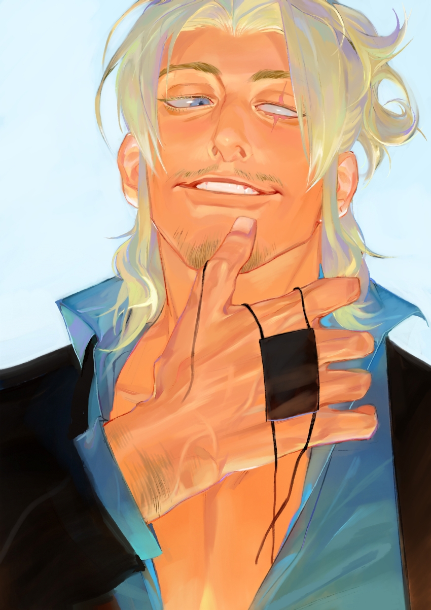 1boy absurdres blonde_hair facial_hair gangsta goatee_stubble highres holding_eyepatch kajibaji male_focus mature_male mustache_stubble partially_blind partially_unbuttoned pectoral_cleavage pectorals portrait scar scar_across_eye scar_on_face sideways_glance solo stubble thick_eyebrows tsurime veins veiny_hands worick_arcangelo