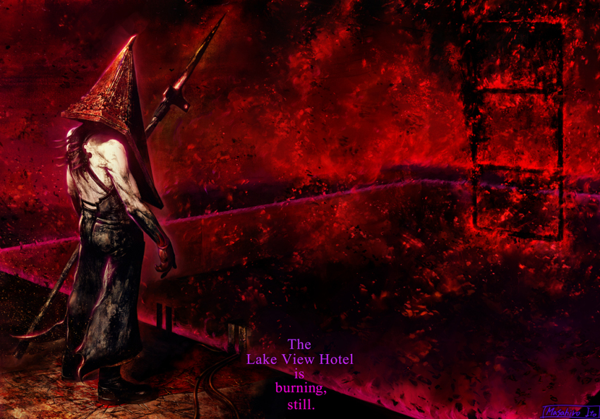 1boy apron artist_name blood embers english_text executioner fire helmet ito_masahiro konami monster monster_boy muscular muscular_male polearm pyramid_head rust signature silent_hill_(series) silent_hill_2 spear weapon