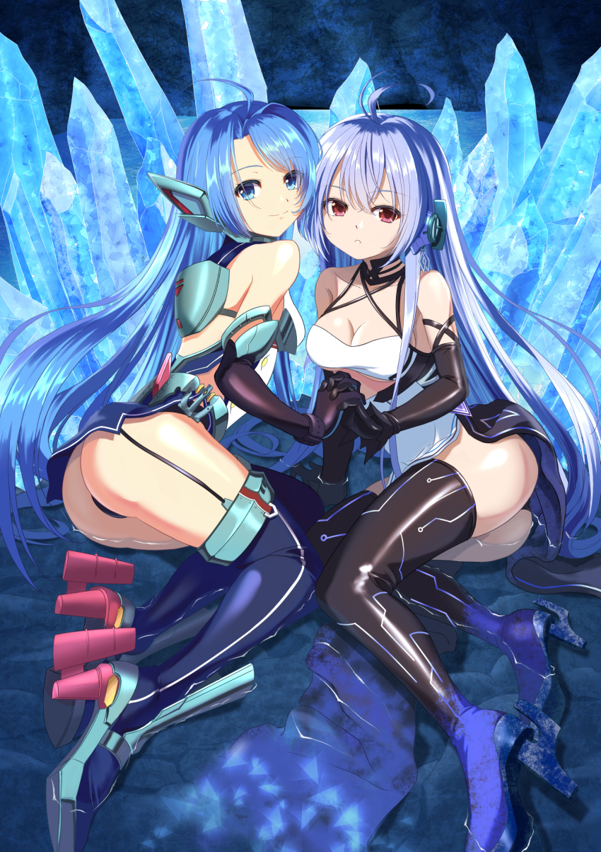 2girls ahoge armored_boots ass azur_lane backless_outfit bare_shoulders bareback black_footwear black_garter_straps black_gloves black_panties blue_eyes blue_hair blue_legwear boots breasts cleavage dress dual_persona elbow_gloves garter_straps gloves headgear helena_(azur_lane) helena_(meta)_(azur_lane) helena_(retrofit)_(azur_lane) high_heels highres holding_hands ice kagura_hiromu long_hair looking_at_viewer medium_breasts multiple_girls panties pantyshot pelvic_curtain purple_hair red_eyes retrofit_(azur_lane) rudder_footwear smile taut_clothes thigh_boots thighhighs underwear very_long_hair white_dress