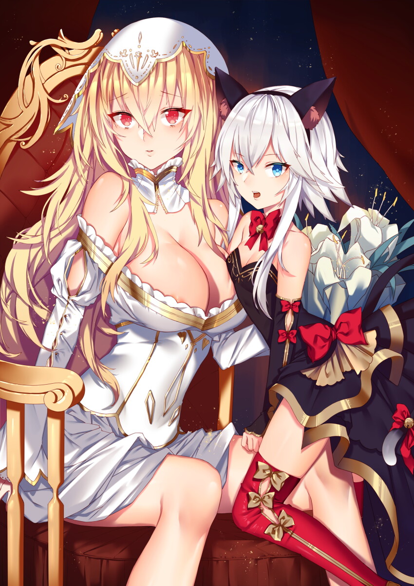 2girls absurdres anne_bonny_(fate) areola_slip bare_shoulders blonde_hair blue_eyes breasts cat_hair_ornament chair collar fate/grand_order fate_(series) flower hair_ornament highres iiiroha large_breasts lily_(flower) long_hair mary_read_(fate) multiple_girls open_mouth red_eyes ribbon short_hair white_hair