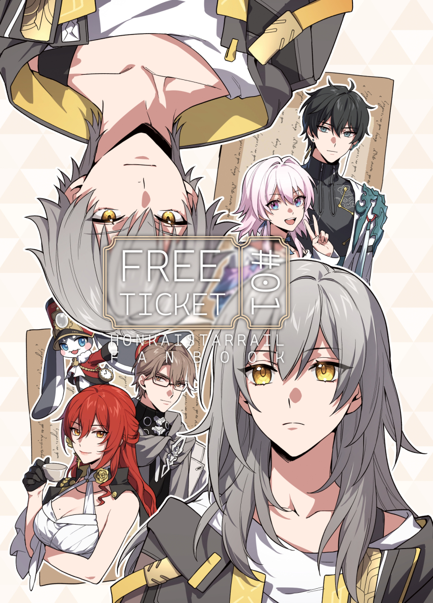 1other 3boys 3girls ahoge animal_ears arm_support armor ascot black-framed_eyewear black_choker black_coat black_hair black_jacket black_shirt blue_eyes blue_jacket border breasts brown_eyes brown_hair caelus_(honkai:_star_rail) chain chinese_clothes choker cleavage closed_mouth cloud_print coat collarbone constellation_print cover cover_page creature cup dan_heng_(honkai:_star_rail) dan_heng_(hunt)_(honkai:_star_rail) dress dual_persona earclip earrings english_text eyeliner fingernails flower flower_ornament frills fur-trimmed_jacket fur_trim glasses gold_chain gold_earrings golden_rose grey_hair grey_scarf hair_between_eyes hair_flower hair_ornament hand_up hat highres himeko_(honkai:_star_rail) holding holding_cup honkai:_star_rail honkai_(series) hood hooded_coat jacket jewelry kangetsu_(fhalei) lapels large_breasts long_hair long_sleeves looking_at_another looking_at_viewer looking_down looking_up makeup march_7th_(honkai:_star_rail) march_7th_(preservation)_(honkai:_star_rail) mole mole_on_breast multicolored_eyes multicolored_hair multiple_boys multiple_girls open_clothes open_coat open_jacket orange_eyes outside_border pink_hair pink_lips pocket_watch pom-pom_(honkai:_star_rail) puffy_long_sleeves puffy_sleeves purple_eyes rabbit_ears rabbit_tail red_eyeliner red_hair red_hat red_jacket scarf shirt short_hair shoulder_armor sidelocks single_bare_shoulder single_earring single_sidelock sleeveless sleeveless_dress smile stelle_(honkai:_star_rail) streaked_hair t-shirt tail tassel trailblazer_(honkai:_star_rail) two-sided_coat two-sided_fabric upper_body upside-down v v-shaped_eyebrows watch wavy_hair welt_yang white_ascot white_border white_coat white_dress white_hair white_jacket white_shirt yellow_coat yellow_eyes zipper