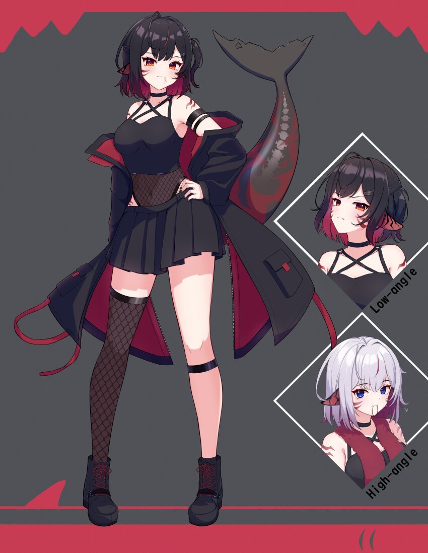 1girl absurdres black_choker black_jacket black_nails black_shirt black_shoes black_skirt breasts choker cleavage closed_mouth fins fish_tail fishnet_leotard fishnet_thighhighs fishnets highres indie_virtual_youtuber jacket large_breasts leotard leotard_under_clothes looking_at_viewer miya_mareena nail_polish red_eyes red_hair red_jacket see-through_tail seitokai_satoo-sgr shark_girl shark_tail shirt shoes short_hair single_thighhigh skirt solo tail thighhighs two-sided_fabric two-sided_jacket virtual_youtuber