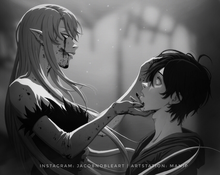 1boy 1girl absurdres araragi_koyomi artist_name blood blood_on_clothes blood_on_face blood_on_hands breasts fangs gloves glowing glowing_eyes greyscale hand_on_another&#039;s_chin hand_on_another&#039;s_head highres instagram_username kiss-shot_acerola-orion_heart-under-blade kizumonogatari long_glove long_hair looking_at_another manip monochrome monogatari_(series) oshino_shinobu pointy_ears short_hair tall_female vampire