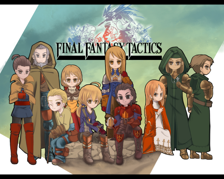;) agrias_oaks ahoge alma_beoulve armor beard belt blonde_hair breastplate brown_eyes brown_hair cape chocobo cidolfus_orlandeau cloak copyright_name cross cross_necklace delita_heiral dragoon_(fft) dress expressionless facial_hair final_fantasy final_fantasy_tactics full_body hood hooded_cloak isilud_tengille jewelry letterboxed long_sleeves meliadoul_tengille moriko_(moliko) mustadio_bunansa necklace old old_man one_eye_closed onion_knight orran_durai ovelia_atkascha pants ramza_beoulve shirt shoulder_pads sitting smile time_mage white_dress white_mage white_mage_(fft) white_mage_(final_fantasy)