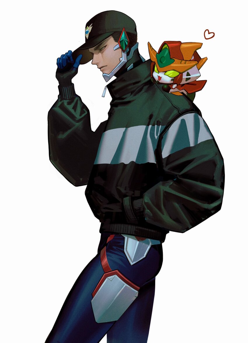 1boy adjusting_clothes adjusting_headwear ao_isami arm_up baseball_cap black_hair black_hat bravern closed_mouth collared_jacket commentary_request eigoni feet_out_of_frame from_side grey_eyes hand_in_pocket hat heart highres jacket long_sleeves looking_ahead lying male_focus mecha on_back pants popped_collar profile robot short_hair simple_background white_background yuuki_bakuhatsu_bang_bravern zipper_pull_tab