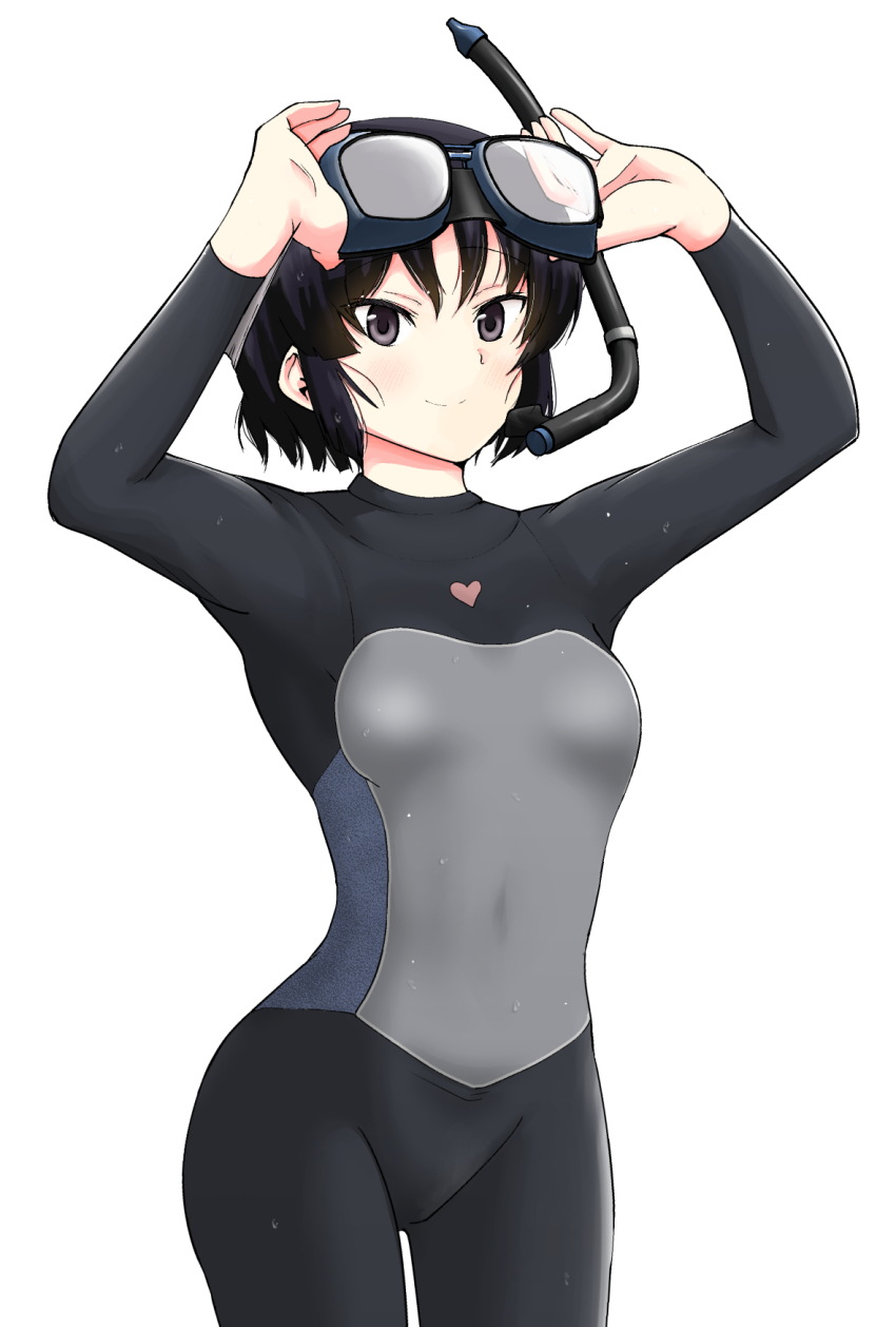 1girl adjusting_eyewear black_eyes black_hair bodysuit breasts closed_mouth commentary_request covered_navel cowboy_shot diving_suit goggles goggles_on_head heart highres kujou_meika looking_at_viewer meika-san_wa_oshikorosenai saitou_shouki short_hair simple_background small_breasts smile snorkel solo standing wet wetsuit white_background