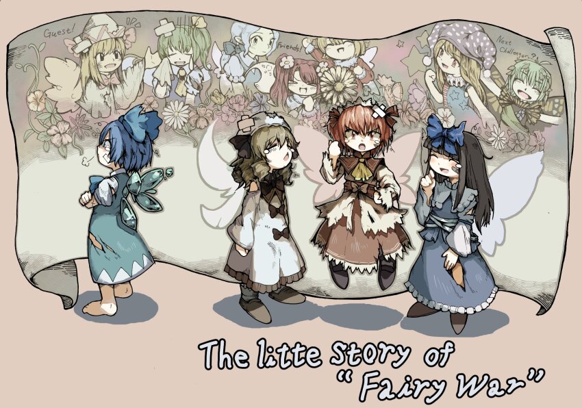 &gt;_&lt; 6+girls american_flag_dress ascot bandaid bandaid_on_face barefoot blonde_hair blue_bow blue_dress blue_hair bow butterfly_wings capelet cirno closed_eyes clownpiece commentary_request crossed_arms crossed_bandaids daiyousei detached_wings dress drill_hair english_text eternity_larva fairy fairy_wings flower flower_request green_dress green_hair hair_bow hair_ornament handkerchief hat hat_bow headdress highres holding holding_flower holding_handkerchief ice ice_wings insect_wings jester_cap leaf leaf_hair_ornament lily_white looking_at_viewer luna_child multiple_girls neck_ruff open_mouth pinafore_dress pointy_ears polka_dot polka_dot_headwear puff_of_air puffy_short_sleeves puffy_sleeves purple_hat red_hair shoes short_sleeves side_ponytail sleeveless sleeveless_dress smile star_(symbol) star_print star_sapphire sunflower sunflower_fairy_(touhou) sunny_milk tears torn_clothes torn_dress touhou white_capelet white_flower white_hat wings yamame_jinja yellow_ascot yellow_flower yellow_wings