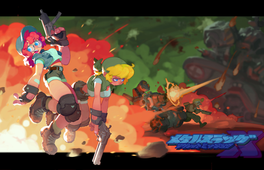 1boy 2girls blonde_hair blue_eyes crop_top explosion fingerless_gloves fio_germi fl_(l-fl) glasses gloves gun highres jacket kasamoto_eri long_hair marco_rossi metal_slug metal_slug_x military military_vehicle motor_vehicle multiple_girls pants shoes short_sleeves shorts sleeveless tank weapon