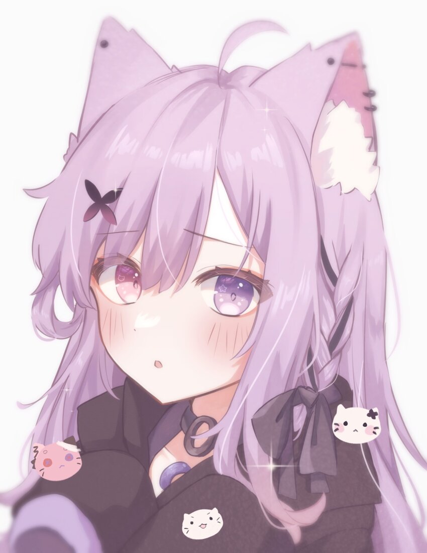 ahoge animal_ear_fluff animal_ears bandaged_head bandages bead_necklace beads black_hoodie black_ribbon blush braid button_eyes buttons cat_ears choker ear_piercing flower hair_flower hair_ornament hair_ribbon heterochromia highres hood hoodie indie_virtual_youtuber jewelry looking_at_viewer mikeneko_(vtuber) mikeneko_(vtuber)_(2nd_costume) necklace niconico piercing pon-chan_(mikeneko) purple_eyes purple_hair red_eyes ribbon shinyo_yukino side_braid sidelocks simple_background tareme virtual_youtuber white_background