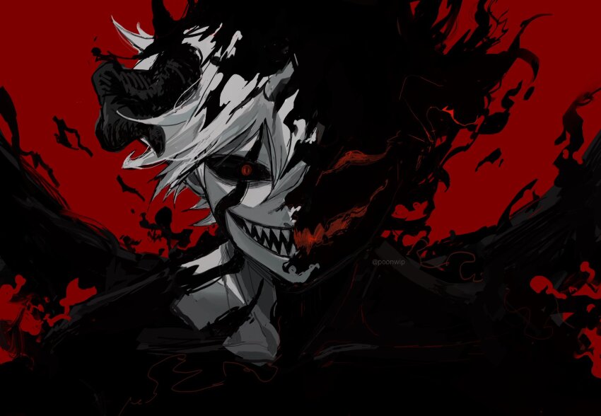 1boy black_clover black_sclera colored_sclera demon demon_boy demon_horns demon_wings highres horns liebe_(black_clover) male_focus open_mouth poonwip red_background red_eyes sharp_teeth smile solo teeth white_hair wings