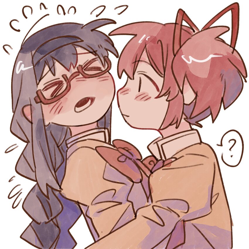 &gt;_&lt; 2girls ? akemi_homura black_hair black_hairband blush bow bowtie braid brown_shirt closed_mouth ezier hair_ribbon hairband highres juliet_sleeves kaname_madoka long_sleeves mahou_shoujo_madoka_magica mahou_shoujo_madoka_magica_(anime) mitakihara_school_uniform multiple_girls open_mouth pink_hair puffy_sleeves red_bow red_bowtie red_ribbon ribbon school_uniform shirt short_twintails simple_background spoken_question_mark twin_braids twintails upper_body white_background yuri