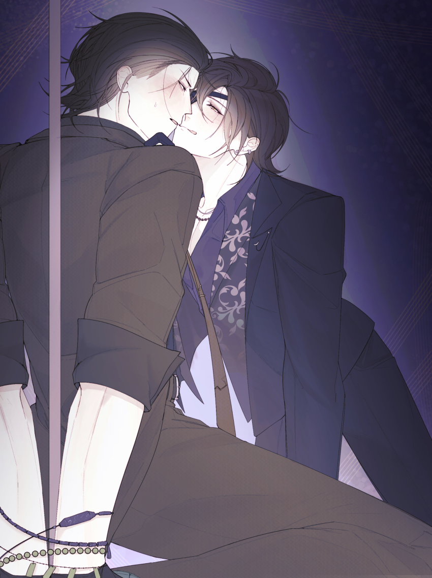 2boys :q absurdres bdsm black_suit blue_shirt blush bondage bound brown_hair brown_suit contemporary date_masamune_(sengoku_basara) earrings eye_contact formal_clothes half-closed_eyes highres hikatwinkle jewelry katakura_kojuurou_(sengoku_basara) leaning_forward looking_at_another male_focus multiple_boys necklace official_alternate_costume open_mouth parted_lips pectoral_cleavage pectorals sengoku_basara shirt suit sweatdrop tongue tongue_out yaoi yellow_eyes