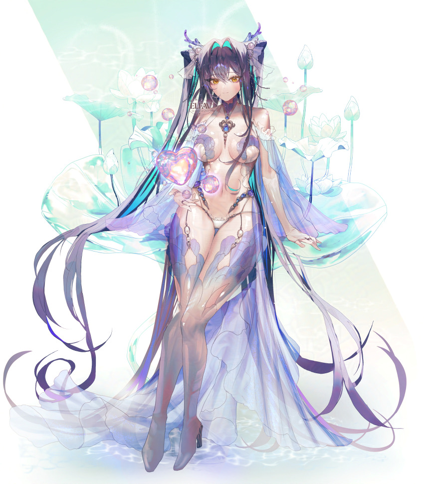 1girl absurdres alternate_costume aqua_hair bare_shoulders black_hair blush breasts bridal_gauntlets bubble closed_mouth full_body goddess_of_victory:_nikke hair_intakes hair_ornament high_heels highres little_mermaid_(nikke) long_hair medium_breasts multicolored_hair navel revealing_clothes sitting smile solo two-tone_hair white_background wogen769 yellow_eyes