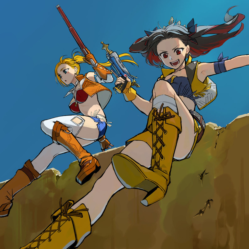 2girls aqua_eyes b_suke bandeau bikini black_hair blonde_hair blue_shorts boots brown_footwear brown_gloves brown_vest bullet_hole calamity_jane_(fate) calamity_jane_(first_ascension)_(fate) cross-laced_footwear falling fate/grand_order fate_(series) gloves gun high_heel_boots high_heels highres holding holding_gun holding_weapon ishtar_(fate) multicolored_hair multiple_girls one_side_up open_clothes open_mouth open_vest red_bikini red_eyes red_hair shorts space_ishtar_(fate) space_ishtar_(second_ascension)_(fate) swimsuit thighhighs two-tone_hair vest weapon white_thighhighs yellow_boots yellow_gloves yellow_vest