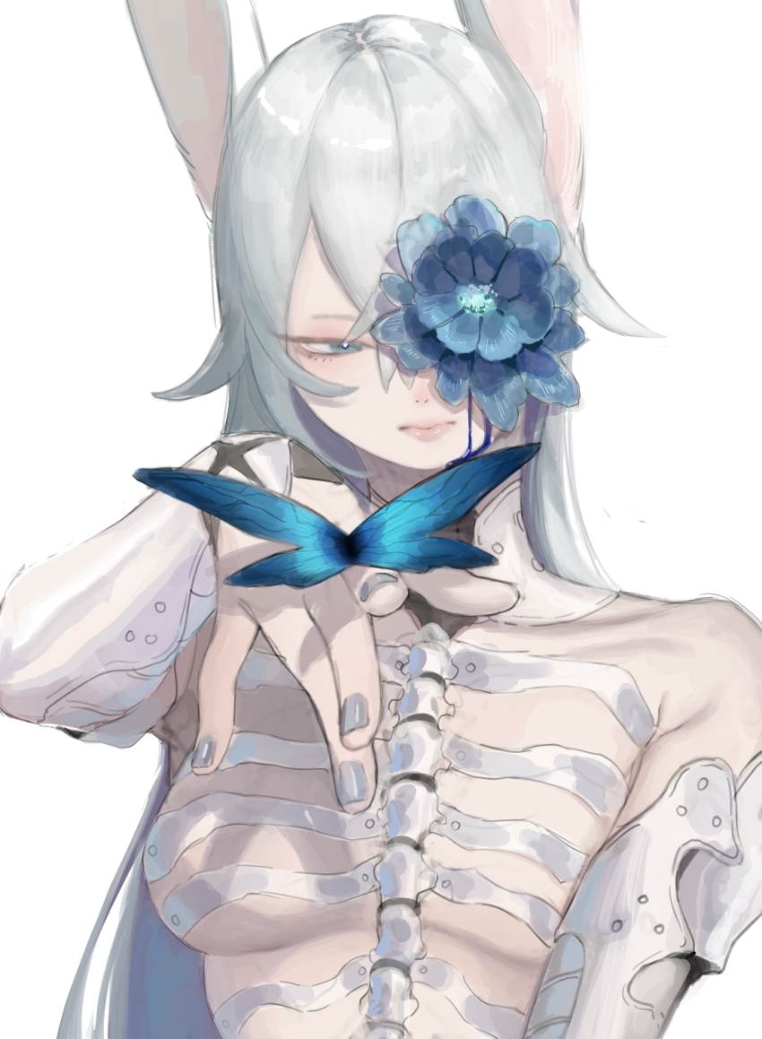 1girl arm_guards armor blue_eyes blue_flower breasts bug butterfly butterfly_on_hand collarbone fingernails flower flower_over_eye grey_hair grey_nails highres insect lips long_hair medium_breasts original pointing pointing_at_viewer rerebrace sadkoe solo very_long_hair