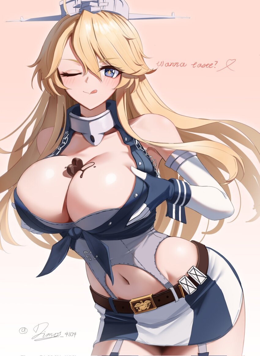 1girl blonde_hair blue_eyes blush breasts chocolate chocolate_on_body chocolate_on_breasts cleavage cowboy_shot dimos_(dawn_1945) elbow_gloves fingerless_gloves food_on_body gloves hair_between_eyes headgear highres iowa_(kancolle) kantai_collection large_breasts long_hair looking_at_viewer one_eye_closed skirt smile solo star-shaped_pupils star_(symbol) symbol-shaped_pupils tongue tongue_out