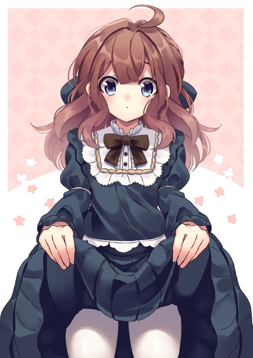 1girl absurdres ahoge ani_inako black_dress blue_eyes border bow brown_bow brown_hair closed_mouth clothes_lift dame_x_prince dot_nose dress highres long_hair long_sleeves looking_at_viewer nanahi_tsubaki pantyhose skirt skirt_lift solo white_border white_pantyhose