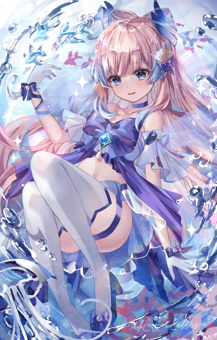 air_bubble bare_shoulders blue_bow bow breasts bubble dress fish genshin_impact gloves highres kebaboishii long_hair navel sangonomiya_kokomi smile solo thighhighs underwater very_long_hair water white_gloves