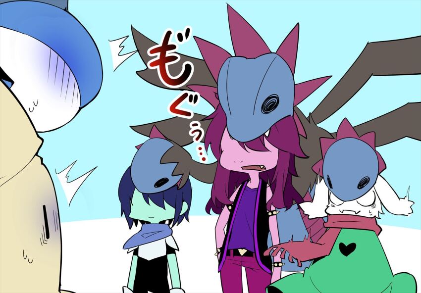 1boy 1girl 1other alternate_color animal_ears armlet biting crossover deltarune gallade gen_4_pokemon gen_5_pokemon gen_7_pokemon hair_over_eyes hp_nokoketaetouyona hydreigon jewelry kris_(dark_world)_(deltarune) kris_(deltarune) mimikyu nintendo pokemon pokemon_(creature) shiny_pokemon susie_(dark_world)_(deltarune) susie_(deltarune)