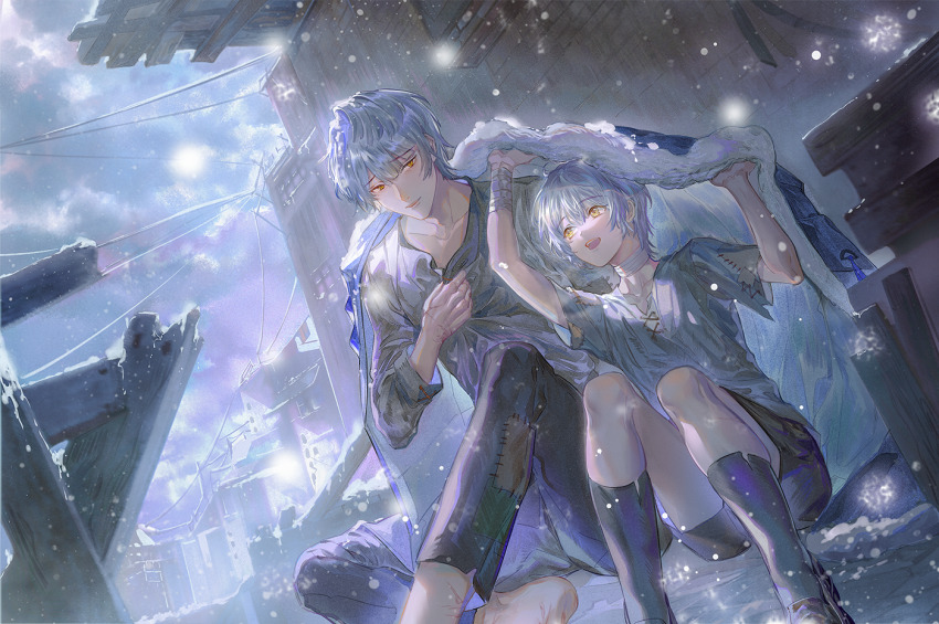 #compass 2boys bishounen black_pants black_shirt black_shorts blue_hair character_request cloud cloudy_sky collarbone dutch_angle grey_hair jewelry long_sleeves looking_at_another male_focus multiple_boys necklace open_mouth outdoors pants rain shirt short_hair shorts siblings sitting sky smile snow snowflakes snowing socks white_hair yellow_eyes yinzinmiemie