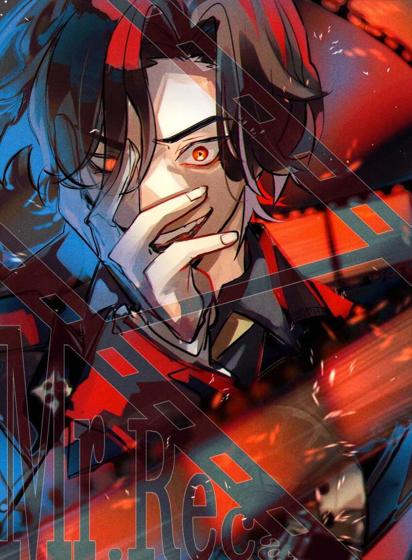 1boy black_background blue_background brown_hair character_name commentary crazy_eyes crazy_smile film_strip grin hand_on_own_head highres honkai:_star_rail honkai_(series) looking_at_viewer male_focus mr._reca_(honkai:_star_rail) red_eyes short_hair sketch smile solo symbol-only_commentary symbol-shaped_pupils triangle-shaped_pupils two-tone_background u_5ham0 upper_body