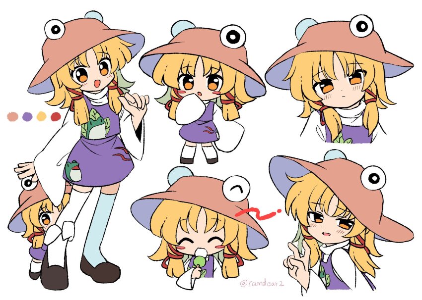2girls :d ^_^ animal_print black_shoes blush blush_stickers brown_hat chibi closed_eyes color_guide commentary_request cropped_torso dango dual_persona eating food frog_print full_body hair_ribbon hat highres holding holding_food hugging_another&#039;s_leg long_hair long_sleeves looking_at_viewer moriya_suwako multiple_girls multiple_views open_mouth purple_skirt purple_vest ramudia_(lamyun) red_ribbon ribbon shirt shoes simple_background skirt smile thighhighs touhou tress_ribbon vest wagashi white_background white_shirt white_thighhighs wide_sleeves yellow_eyes zettai_ryouiki