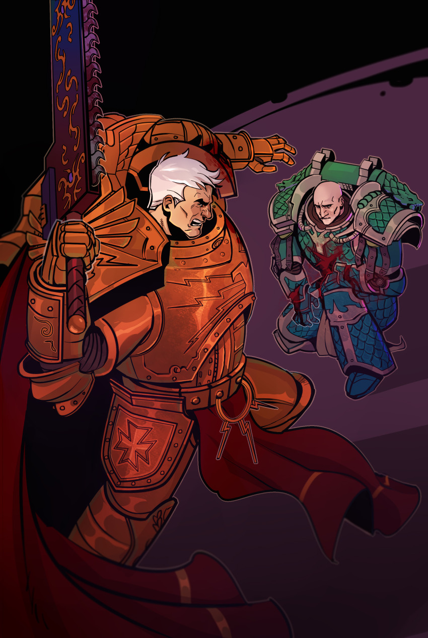 abstract_background absurdres alpha_legion alpharius_omegon armor armored_boots attack bald battle black_background blood blood_on_clothes bloody_weapon boots breastplate cape chainsword chaos_(warhammer) closed_mouth commentary couter cuirass cuts english_commentary gauntlets gold_armor greaves highres holding holding_sword holding_weapon imperial_fists injury kneeling leg_armor looking_at_another male_focus natalia_kikicheva omegon open_mouth outline pauldrons pelvic_curtain poleyn power_armor primarch purple_background red_cape rerebrace rogal_dorn scale_armor short_hair shoulder_armor slashing sword turquoise_armor warhammer_40k weapon white_hair white_outline