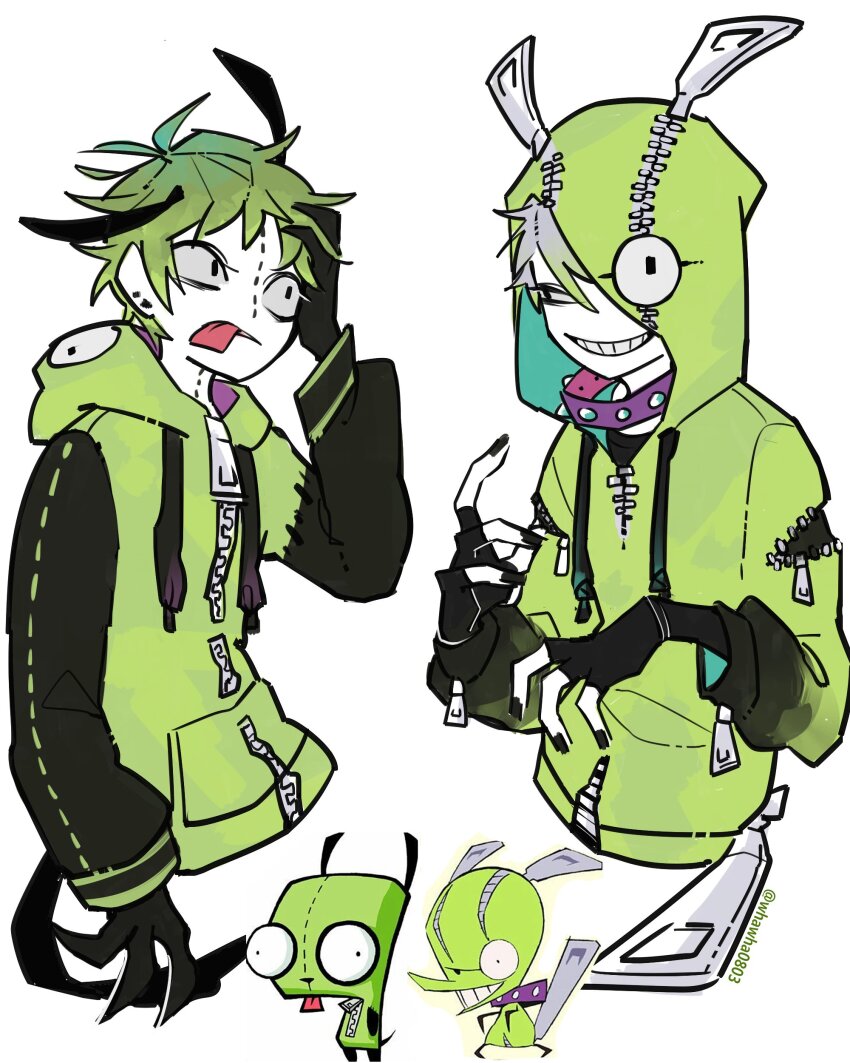 2boys absurdres chuck_(psg) color_connection crossover gir_(dog_costume)_(invader_zim) gir_(invader_zim) highres hood hood_up humanization invader_zim looking_at_viewer multiple_boys official_art_inset open_mouth pants panty_&amp;_stocking_with_garterbelt personification reference_inset short_hair sweater whawha0803 zipper