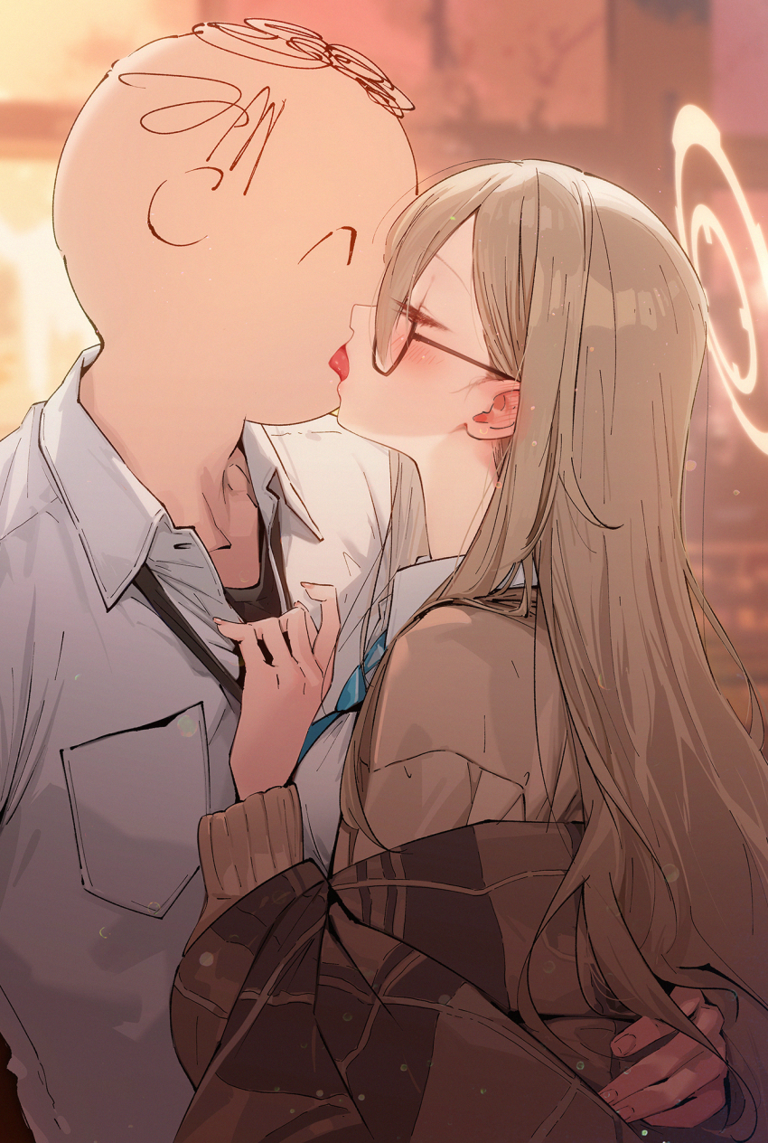 1boy 1girl akane_(blue_archive) akane_(school_uniform)_(blue_archive) black-framed_eyewear blue_archive blurry blurry_background brown_hair brown_shawl closed_eyes commentary_request drive_shot french_kiss from_side glasses highres kiss long_hair plaid_clothes plaid_shawl sensei_(blue_archive) shawl shirt very_long_hair white_shirt