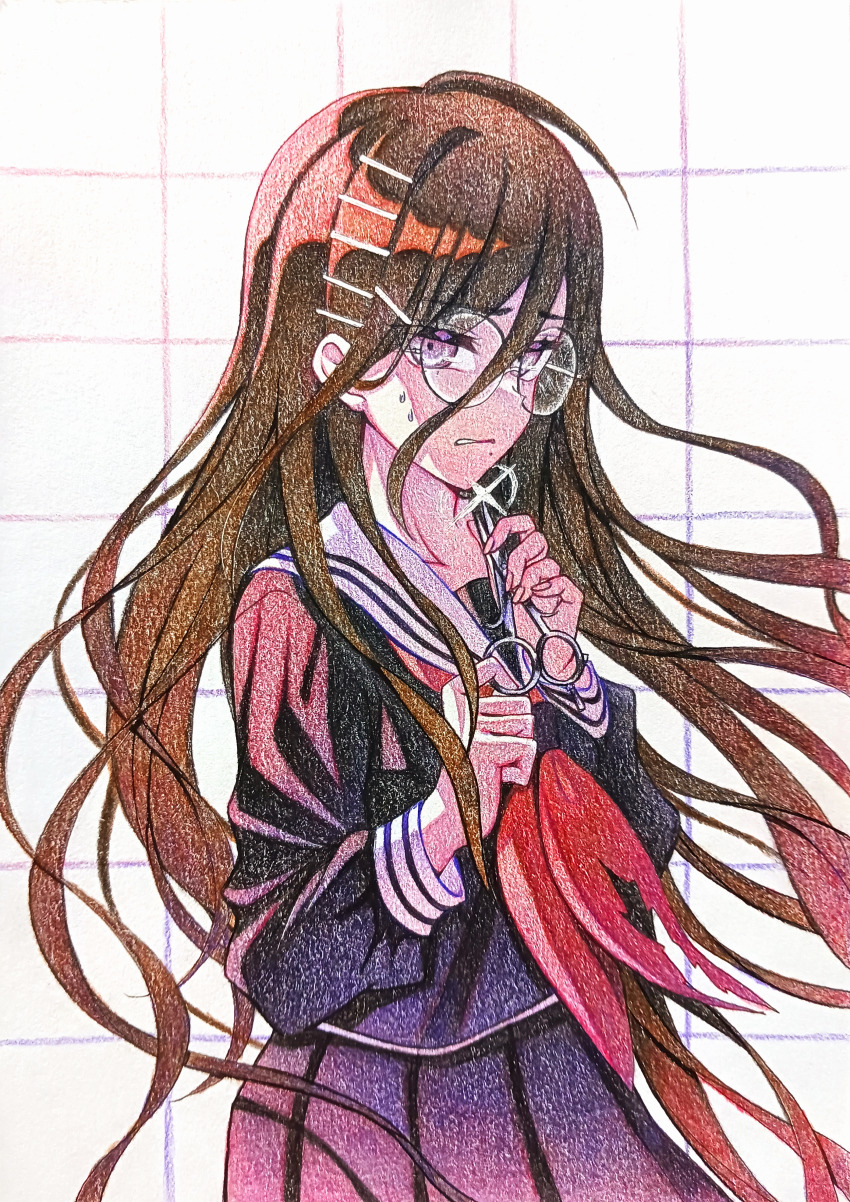 1girl absurdres ahoge brown_hair collared_shirt colored_pencil_(medium) commentary_request danganronpa_(series) danganronpa_another_episode:_ultra_despair_girls eyelashes fukawa_toko glasses glint grid_background hair_ornament hairclip highres holding holding_scissors long_hair long_sleeves mole mole_under_mouth neckerchief purple_eyes purple_serafuku purple_shirt purple_skirt red_neckerchief round_eyewear sailor_collar school_uniform scissors serafuku shirt skirt skirt_set solo sweat torn_clothes torn_neckerchief traditional_media user_hcgs5485 white_sailor_collar