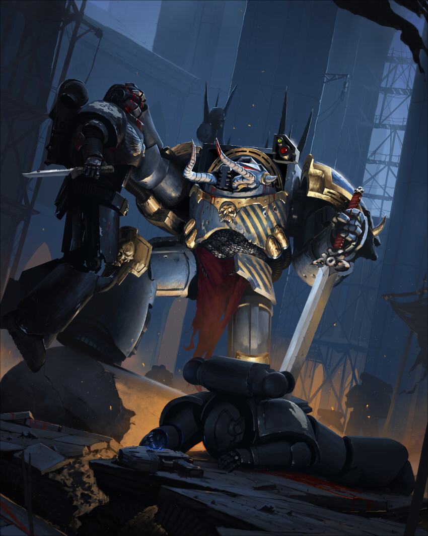 6+boys absurdres adeptus_astartes armor armored_boots blood boots burning chain chaos_(warhammer) chaos_space_marine dagger death full_armor full_body gun handgun hazard_stripes highres holding holding_dagger holding_knife holding_sword holding_weapon ilya_belyakov indoors iron_hands_(warhammer) iron_warriors knife lying male_focus multiple_boys on_stomach pauldrons pelvic_curtain plasma_pistol reverse_grip shoulder_armor sword terminator_armor tusks warhammer_40k weapon
