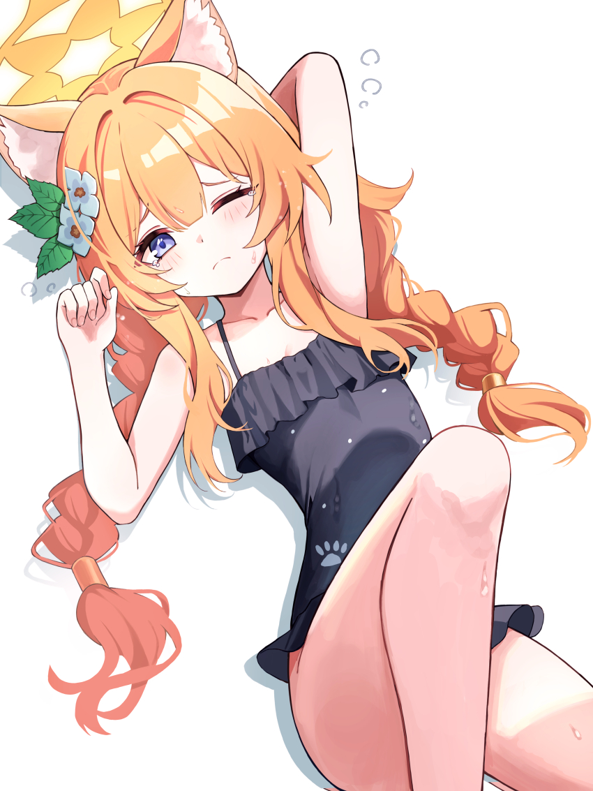 1girl absurdres animal_ear_fluff animal_ears black_one-piece_swimsuit blue_archive blue_eyes braid breasts casual_one-piece_swimsuit cat_ears cat_girl closed_mouth collarbone flower hair_flower hair_ornament halo highres knee_up long_hair lying mari_(blue_archive) mari_(swimsuit)_(blue_archive) official_alternate_costume on_back one-piece_swimsuit one_eye_closed orange_hair purple_eyes simple_background small_breasts solo stale_beer_(kinonuketa_biiru) swimsuit twin_braids white_background yellow_halo