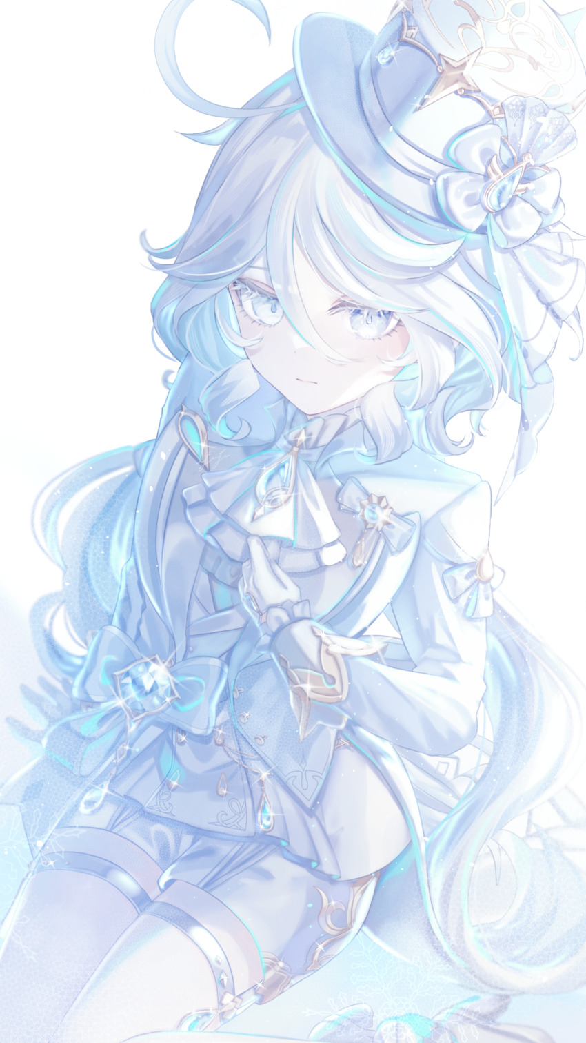 1girl ahoge anninufufu ascot blue_background blue_eyes blue_hair blue_hat blue_pupils closed_mouth commentary drop-shaped_pupils furina_(genshin_impact) genshin_impact gloves hair_between_eyes hand_up hat heterochromia highres jacket long_hair long_sleeves looking_at_viewer multicolored_hair ouji_fashion shorts signature sitting solo streaked_hair symbol-only_commentary symbol-shaped_pupils teardrop-shaped_gem thigh_strap very_long_hair white_ascot white_background white_gloves white_hair white_jacket white_shorts