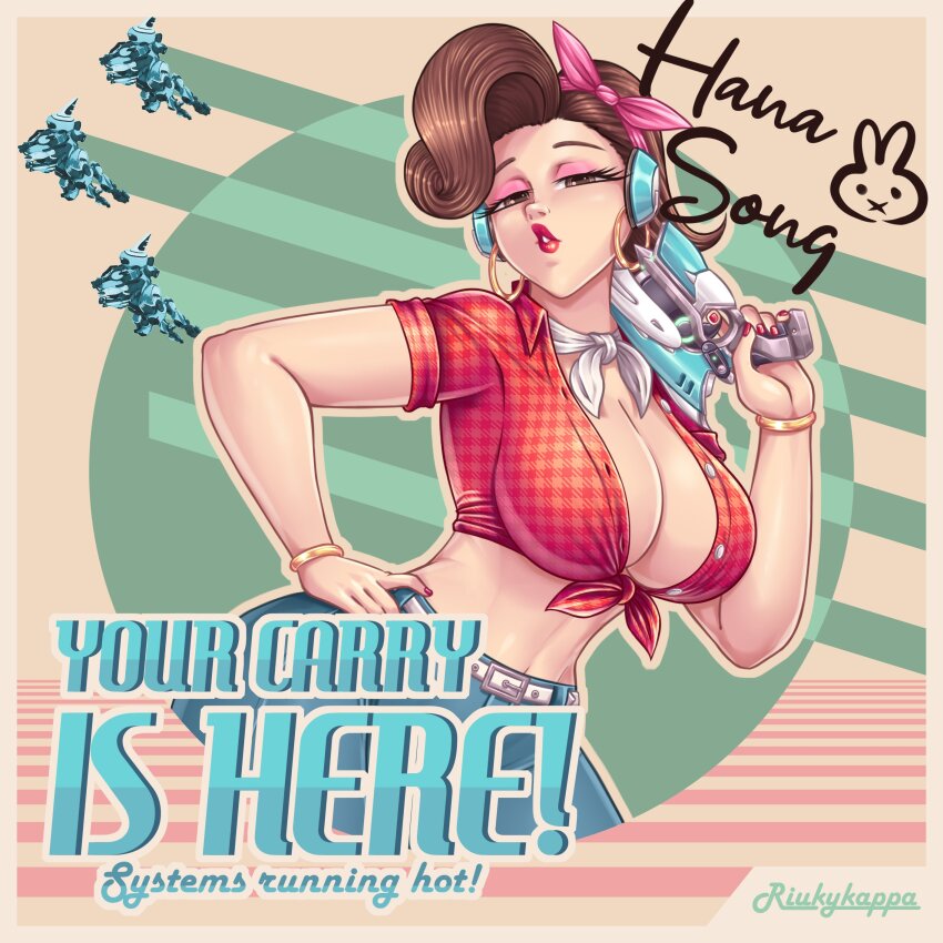 1girl 2023 absurdres alternate_costume arm_up artist_name ascot belt blue_pants bow bracelet breasts brown_eyes brown_hair cleavage collared_shirt commentary contrapposto cowboy_shot cruiser_d.va d.va_(overwatch) denim earrings english_commentary english_text gun hair_bow half-closed_eyes hand_on_own_hip headphones headscarf highres hip_focus holding holding_gun holding_weapon hoop_earrings jeans jewelry large_breasts lipstick logo_parody long_hair looking_at_viewer makeup mascara mecha midriff nail_polish navel one_eye_closed overwatch overwatch_1 pants pink_bow plaid_clothes plaid_shirt ponytail puckered_lips rabbit red_nails riukykappa robot seductive_gaze shirt short_sleeves signature smile solo stomach tied_shirt tight_clothes tight_pants unbuttoned unbuttoned_shirt weapon white_ascot