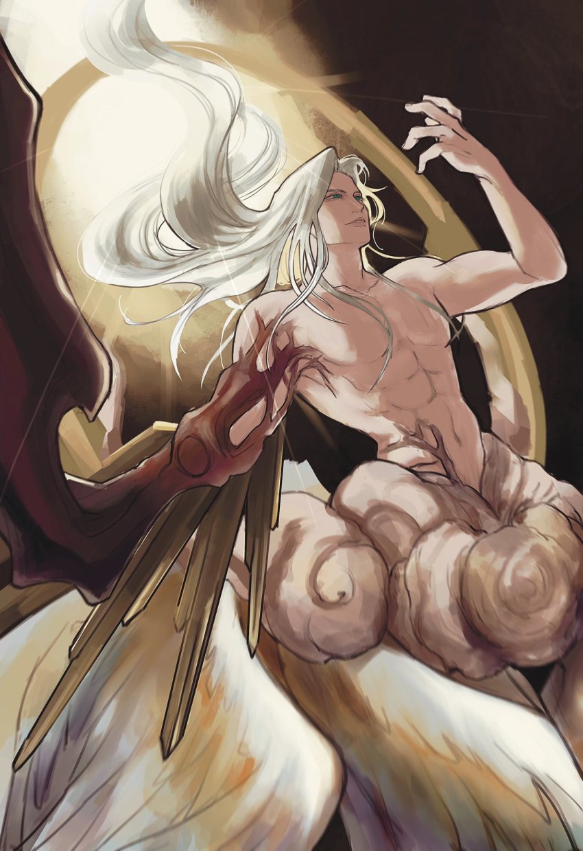 1boy abs collarbone final_fantasy final_fantasy_vii floating floating_hair green_eyes halo highres light_rays long_hair looking_at_hand male_focus multiple_wings navel organic parted_lips safer_sephiroth sephiroth solo square_enix topless_male tyt_tham veins white_hair wings