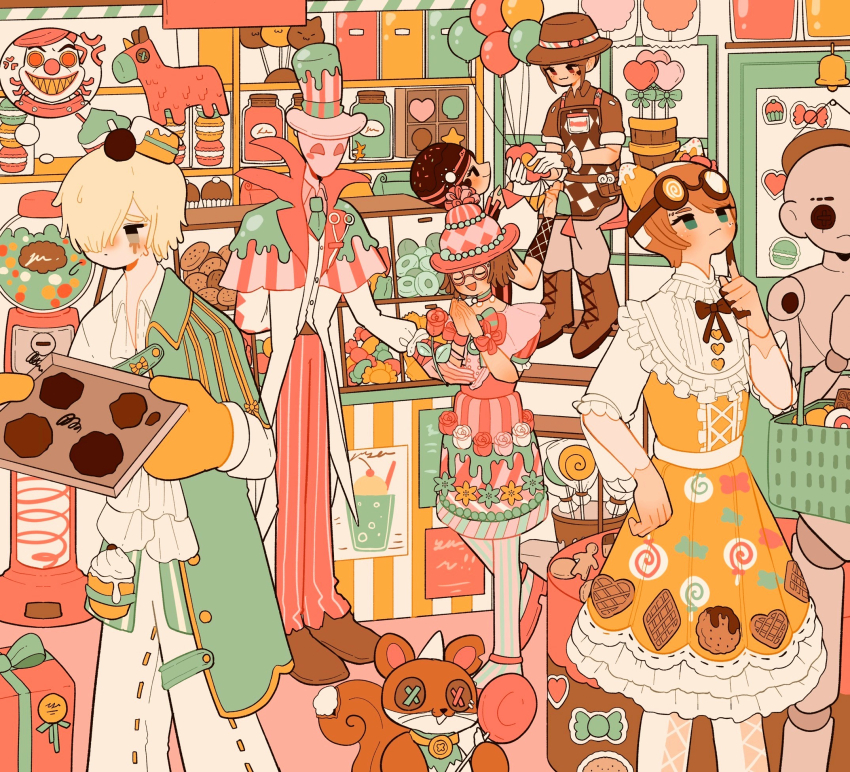 2boys 3girls absurdly_detailed_composition andrew_kreiss andrew_kreiss_(cheese) anger_vein apron aqua_eyes argyle_apron argyle_clothes arm_behind_back balloon bell black_eyes blonde_hair boots box brown_apron brown_eyes brown_footwear brown_hair brown_shirt burnt_food button_eyes buttons candy candy_store candy_wrapper center_frills checkerboard_cookie closed_mouth coat coattails collared_shirt cookie cotton_candy cupcake display_case door dress emma_woods emma_woods_(lollipop) finger_to_own_chin flat_color flower food food-themed_hair_ornament food_print frilled_dress frilled_shirt frills gift gift_box glasses gloves goggles goggles_on_head gumball_machine hair_ornament hair_over_one_eye hat heart heart-shaped_food heart-shaped_lollipop helena_adams helena_adams_(pink_cake) highres holding holding_candy holding_food holding_lollipop holding_tray identity_v index_finger_raised jack_(baker)_(identity_v) jack_(identity_v) jar joker_(identity_v) joker_(oven)_(identity_v) lace-up_boots leggings loaded_interior lollipop long_sleeves macaron margaretha_zelle margaretha_zelle_(ice_cream) multiple_boys multiple_girls official_alternate_costume open_mouth orange_gloves orange_hair oven_mitts own_hands_together pants pinata pink-framed_eyewear pink_headwear pink_leggings pink_pants poster_(object) red_flower red_rose robot rose round_eyewear shaped_lollipop shirt shop shopping_basket short_hair short_sleeves speech_bubble spoken_character squiggle squirrel standing sticker striped_clothes striped_leggings striped_pants swirl_lollipop thought_bubble top_hat tracy_reznik tracy_reznik_(candy_girl) tray vertical-striped_clothes vertical-striped_leggings vertical-striped_pants vest white_coat white_pants white_shirt white_vest whybe123 yellow_dress